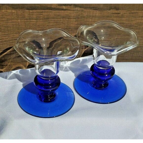 Princess House Sapphire Ruffled Candle Holders 3" taper crystal elegant cobalt - Picture 1 of 7